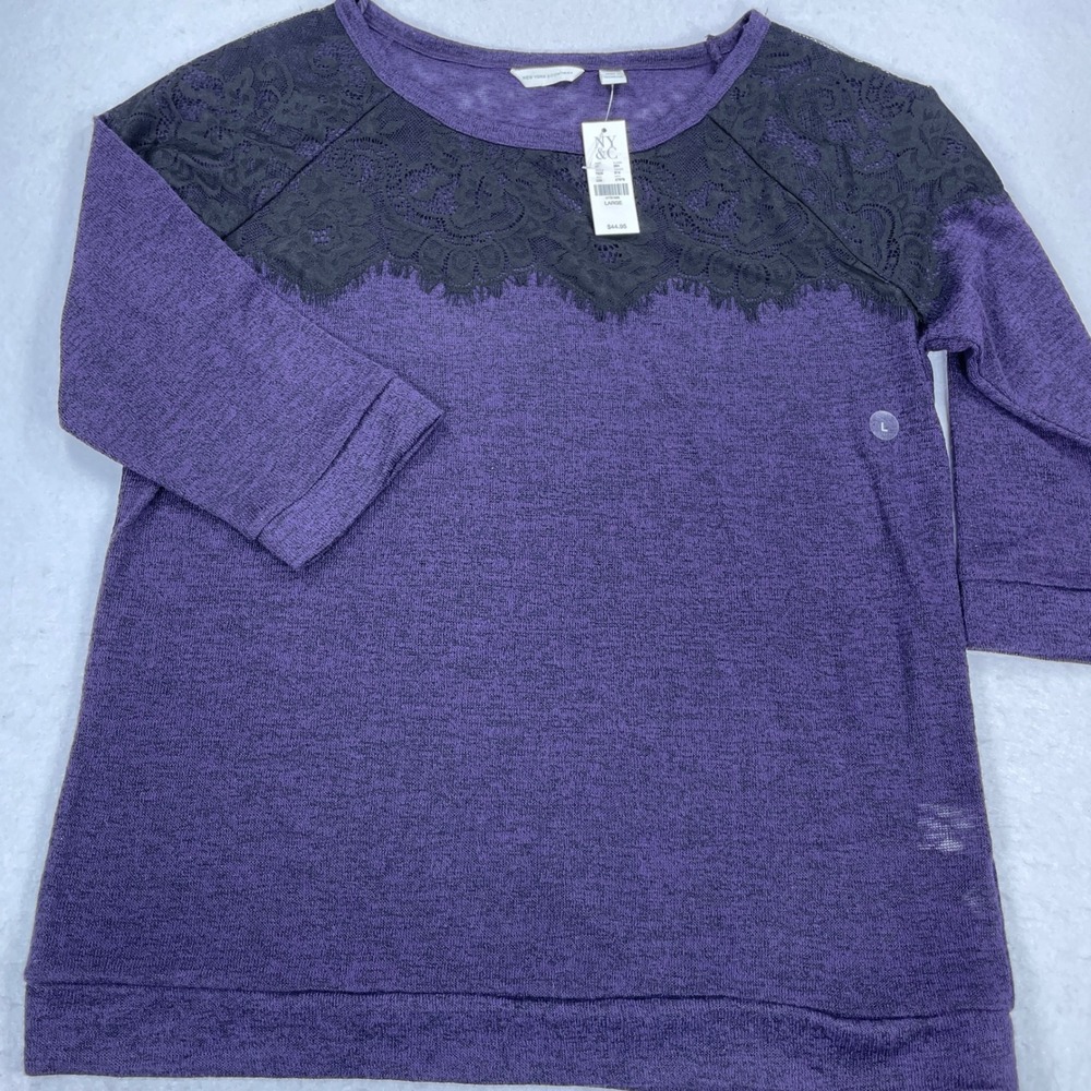New York & Company Purple Lace Raglan Sleeve Knit Top Large 3/4 Sleeve Space Dye